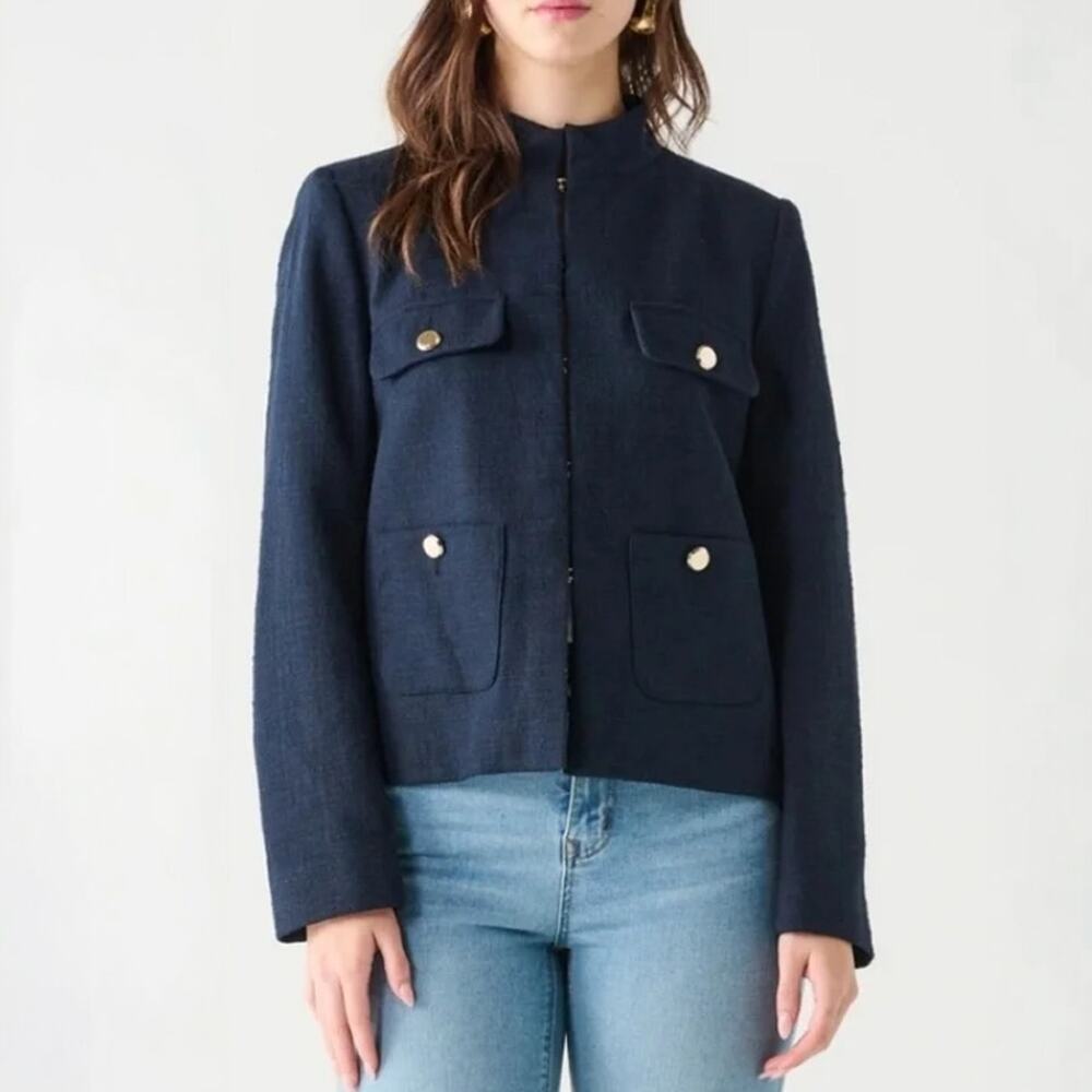 Zara Navy Cotton Textured High Collar Blazer Jacket Size S